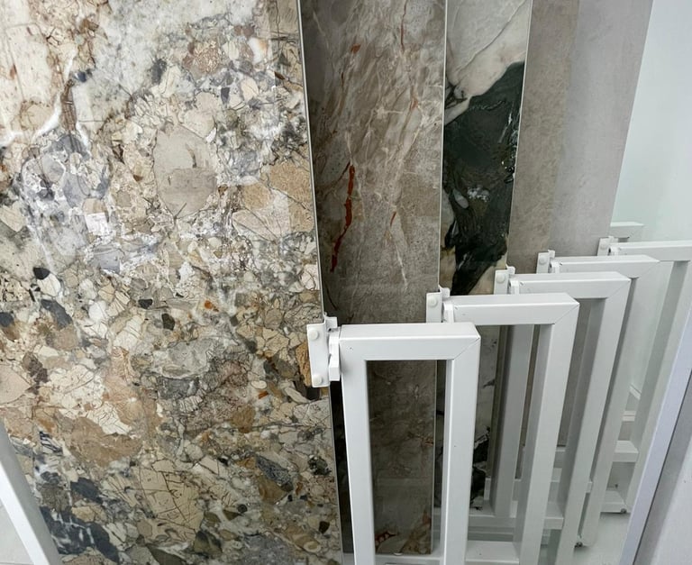 Showroom display featuring large-format marble and porcelain tiles on white metal sliding racks.