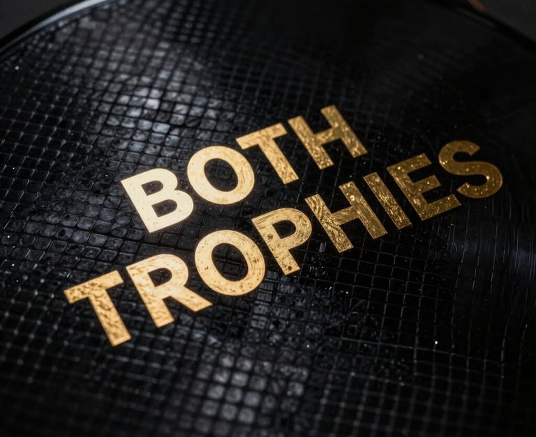 Extreme close-up of a luxury vinyl record sleeve with gold foil lettering reading BOTH TROPHIES, resting on textured black snakeskin under high-contrast dramatic studio lighting.