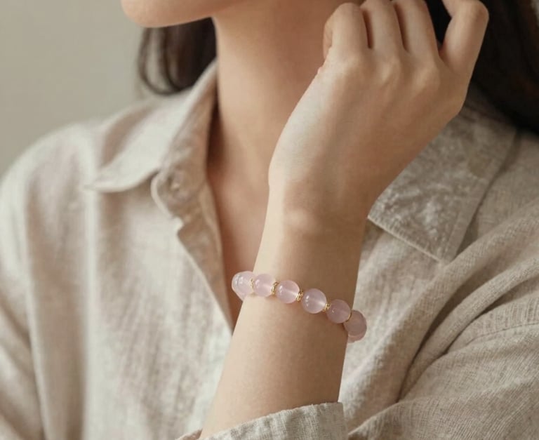A close-up portrait of a woman with a serene expression, soft side lighting, wearing a delicate rose quartz bracelet, linen shirt, warm neutral tones.