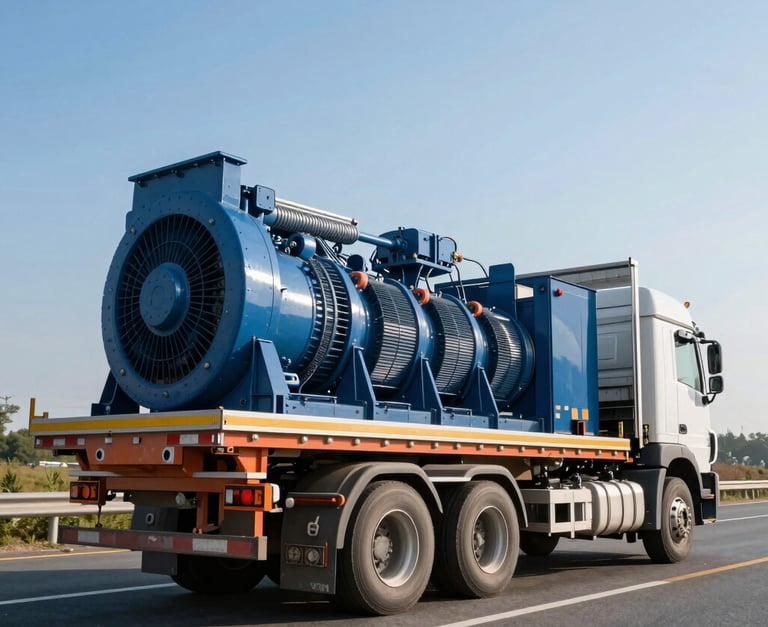 Low-angle power shot of a heavy-duty multi-axle transport truck carrying a massive industrial generator on a highway, morning sun, sharp details, deep maritime blue tones, 35mm photography.