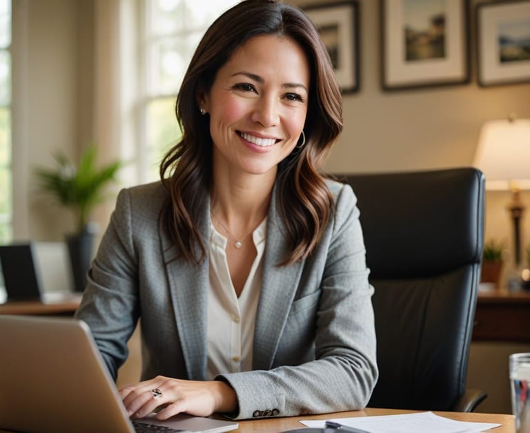 A woman working on her laptop on her desk in her home office.