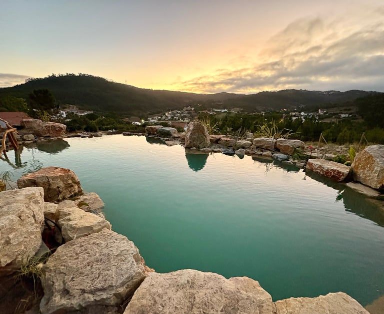 Limestone natural pool, custom wood railing, stone steps & large diving stone | Lisbon | Aqua Vitae