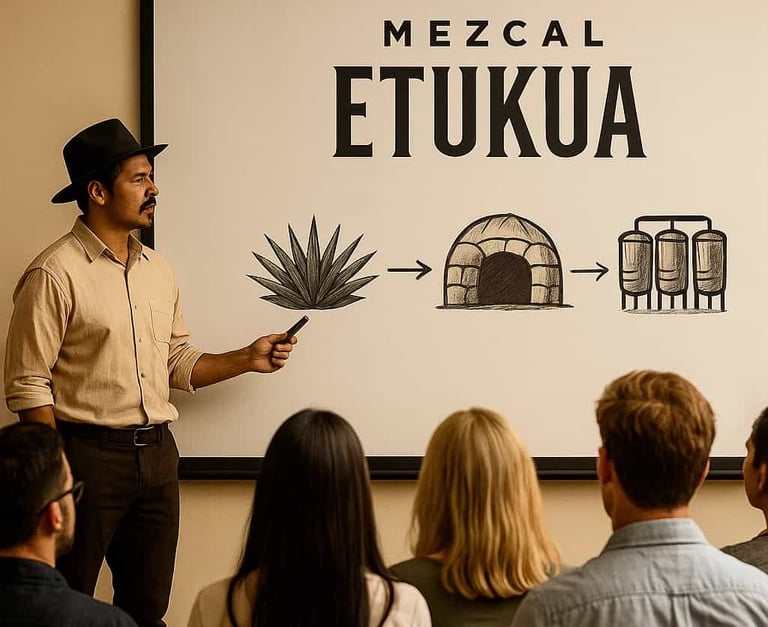 Un experto de Etukua señalando una pizarra o pantalla con información sobre el proceso del mezcal, a