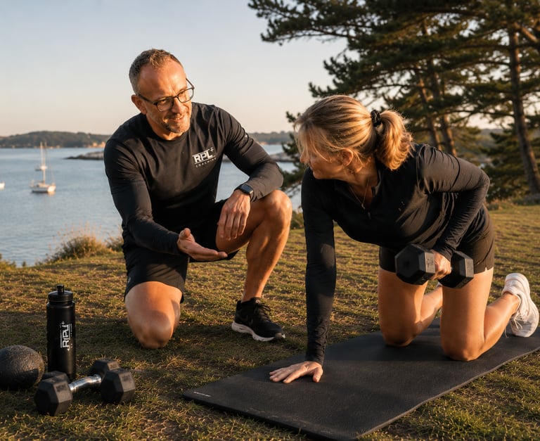 Coach sportif accompagnant une séance de renforcement fonctionnel dans le Golfe du Morbihan