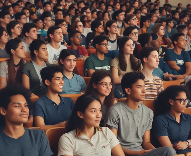 A large auditorium is filled with seated students dressed in uniforms, most of whom are wearing lanyards with identification cards. At the front, there are several individuals, including an older woman in a yellow saree and three men, sitting in blue chairs. The room is well-lit with ceiling lights and has decorated walls.