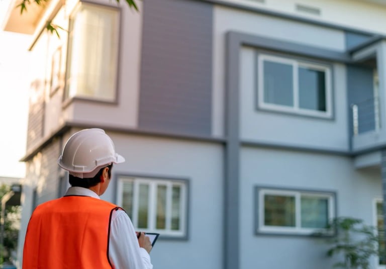 A professional home inspector in a hard hat and safety vest inspecting a modern house facade.