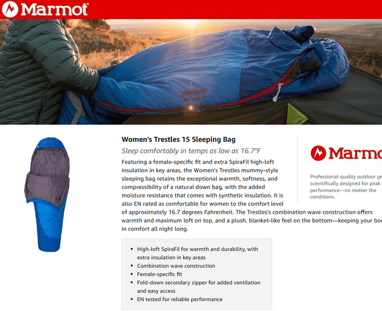 Marmot Trestles 15 hooded sleeping bag, best sleeping bag with hood for extra warmth