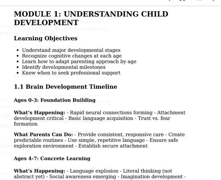 Educational document detailing module 1 of a child development course focused on brain development and learning objectives.