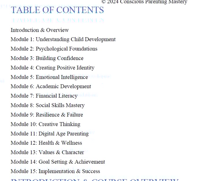 Table of contents for a conscious parenting mastery course listing modules on child development and emotional intelligence.