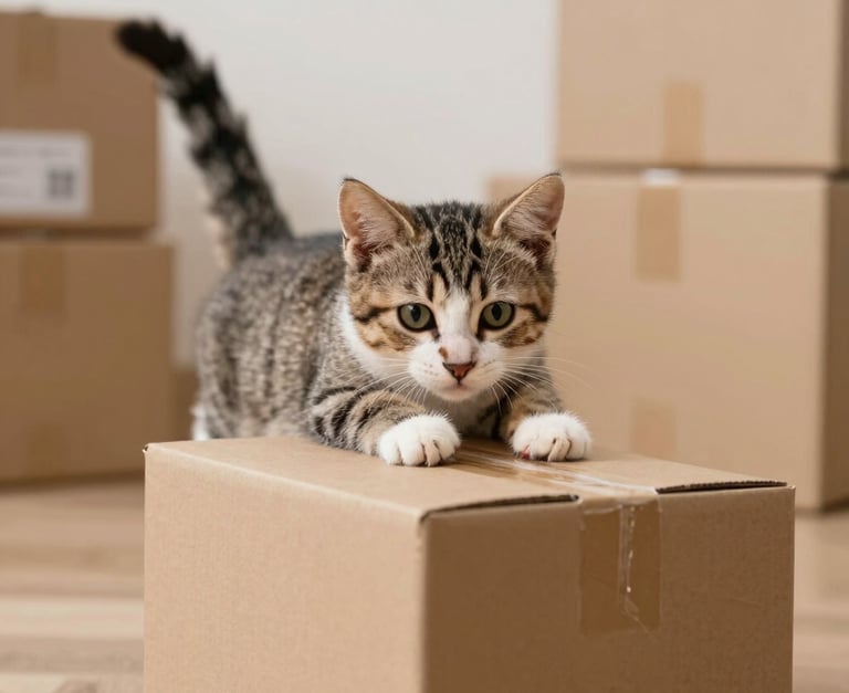 gatito jugando con caja de pedidos de tienda en linea