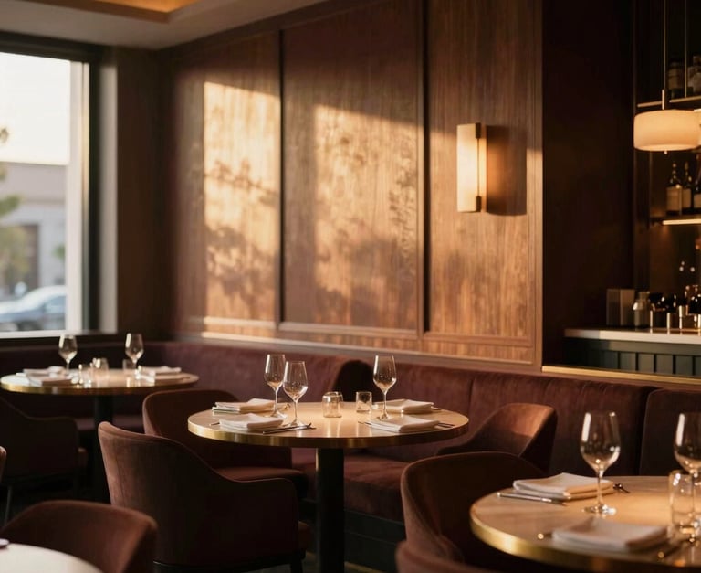 Elegant, empty high-end restaurant interior at golden hour, focusing on architectural details and sophisticated lighting, warm editorial photography, soft natural side-lighting, rich deep tones, shallow depth of field.