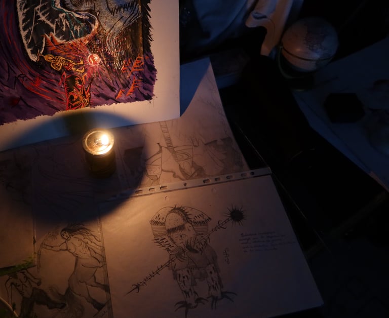 Dessins, peinture et croquis de Dark Fantasy, avec héros et monstres féeriques magiques.