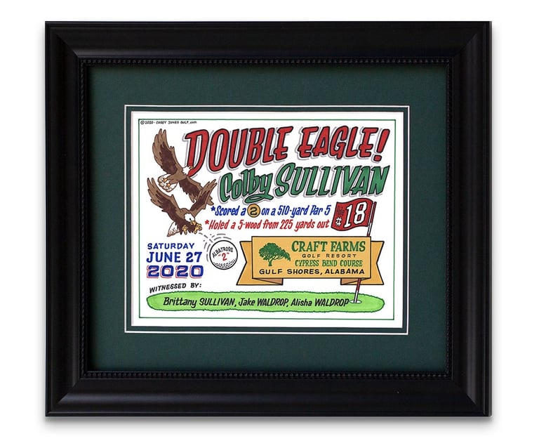 A framed piece of artwork for a golfer's double eagle.  Images include two soaring eagles over the details of the shot.
