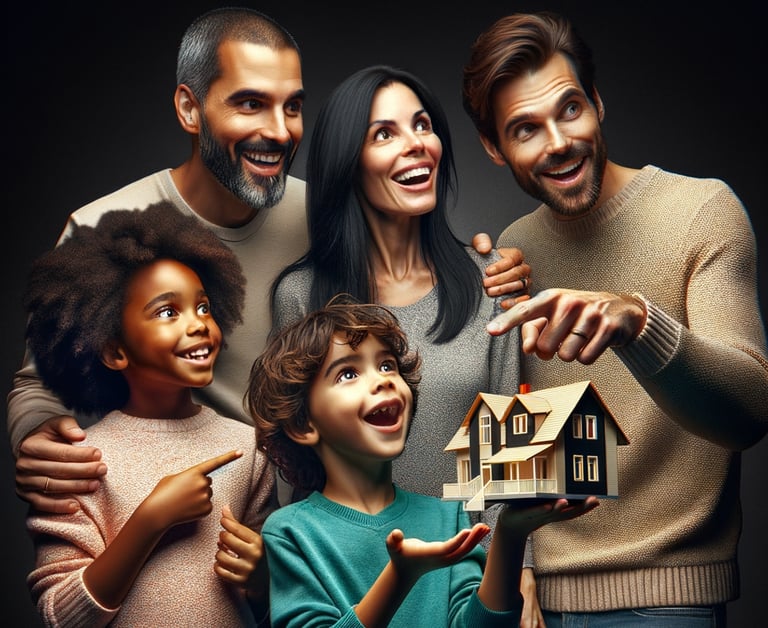 a family holding a model of a house