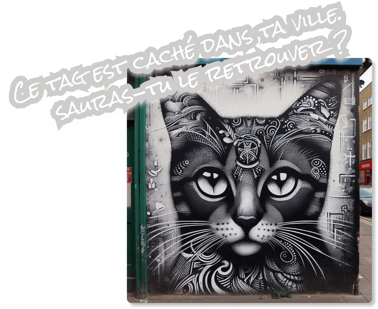 image d'un tag de chat dans une ville avec typo "Ce tag est caché dans ta ville. Sauras-tu le retrouver ?"