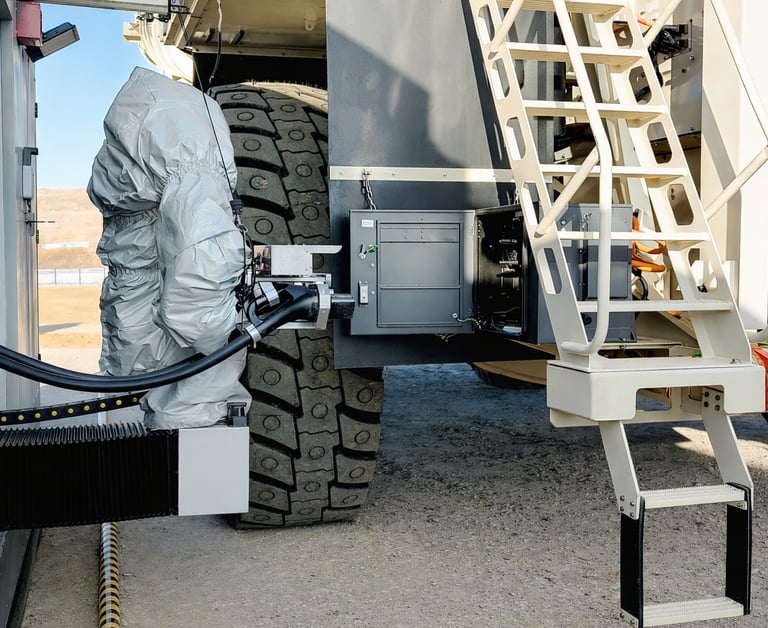 Automated robotic charging system connecting to a large mining truck's charging port at a work site.