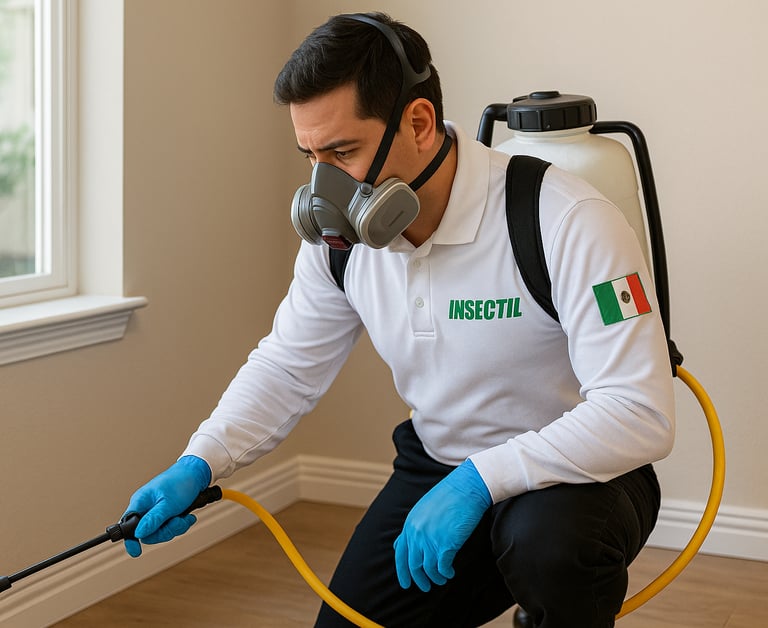 especialista de Insectil realizando servicio de fumigación. una casaen