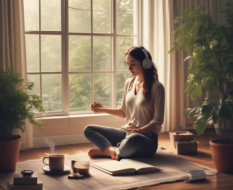 A woman wearing headphones meditates by a window with a cup of coffee and an open book.
