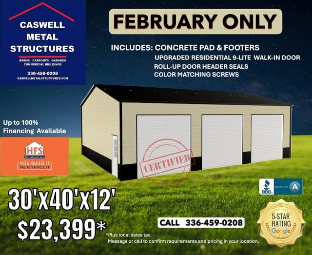Caswell Metal Structures custom 3-bay steel garage with roll-up doors and concrete pad for sale.