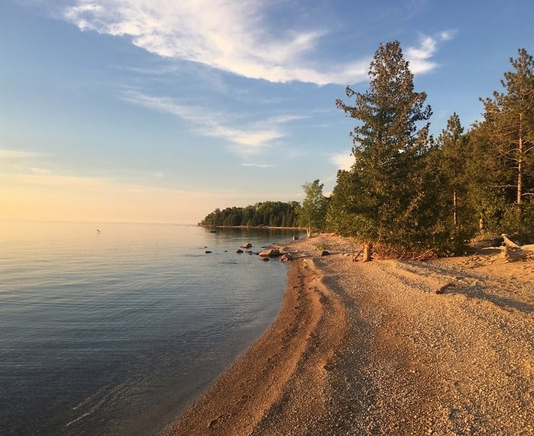 Sandy beach and forested shoreline along Lake Huron in Bruce County.
