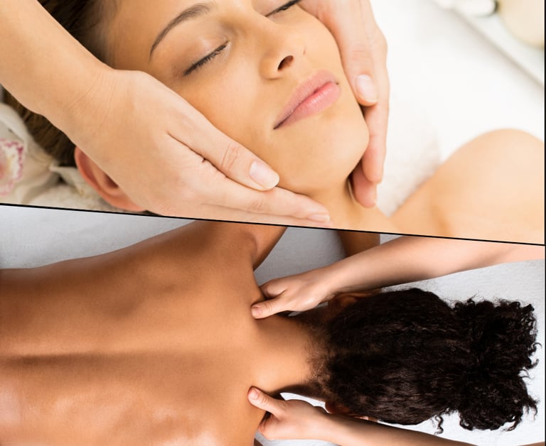 a woman getting a headmassage and back massage at a spa