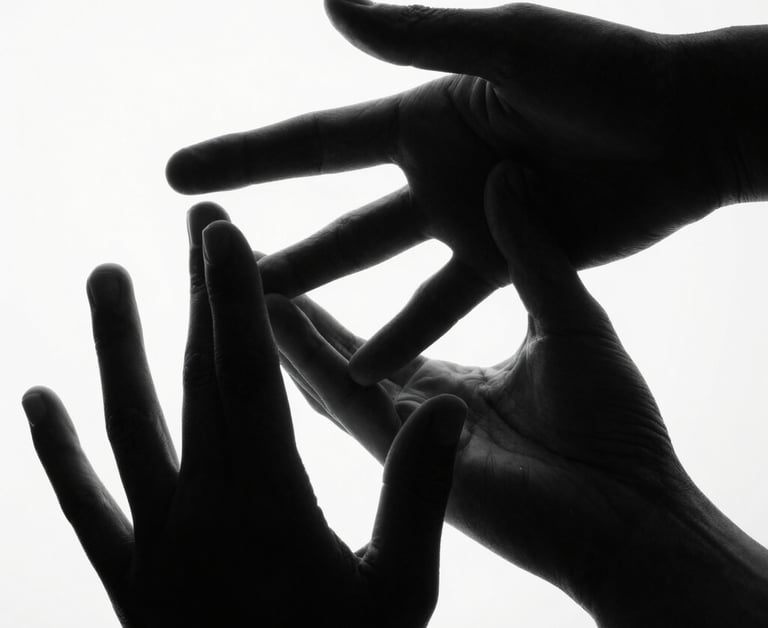 Stark high-contrast black and white close-up of hands in a precise, structured gesture against a pure white background, hard directional lighting, deep black shadows, architectural lines, 35mm.