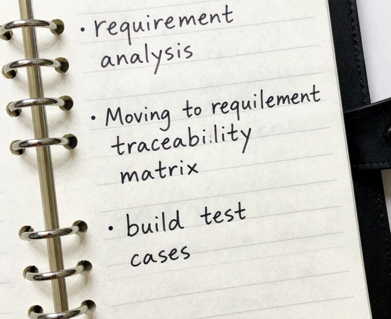 A detailed close-up of a professional planner and a high-quality pen on a dark desk. The paper shows structured notes and checkboxes, symbolizing organized testing phases and quality control.