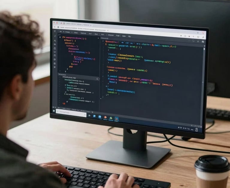 Over-shoulder view of a developer reviewing code on a large monitor in a working office, natural daylight from a side window, another screen showing a running web application, keyboard and coffee cup visible on the desk
