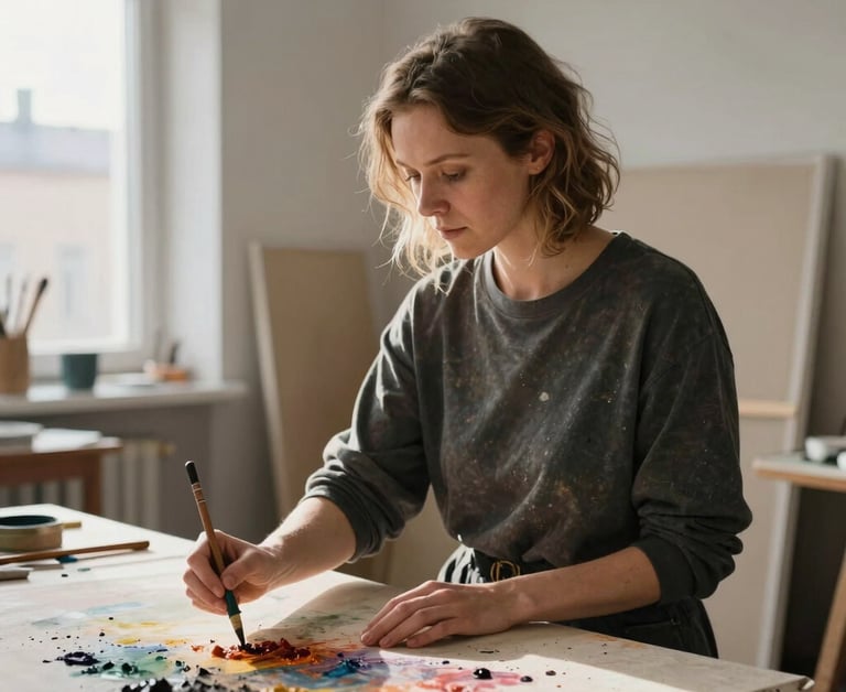 A portrait of artist Aino-Amelie in her sunlit Helsinki studio, working unposed with raw pigments on a large linen canvas, soft north-facing natural daylight.