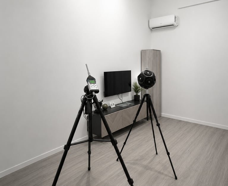 Professional sound level meter and 360-degree acoustic camera on tripods performing room acoustics testing.