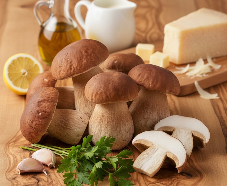 Fresh porcini mushrooms on a wooden board with olive oil, parmesan cheese, herbs, and garlic.