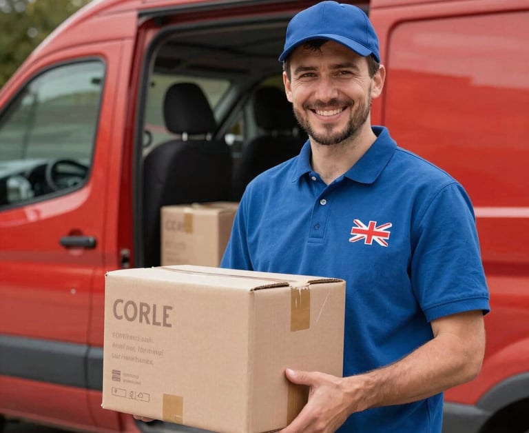 A smiling customer receiving a mobile phone package at their doorstep, showcasing friendly service.