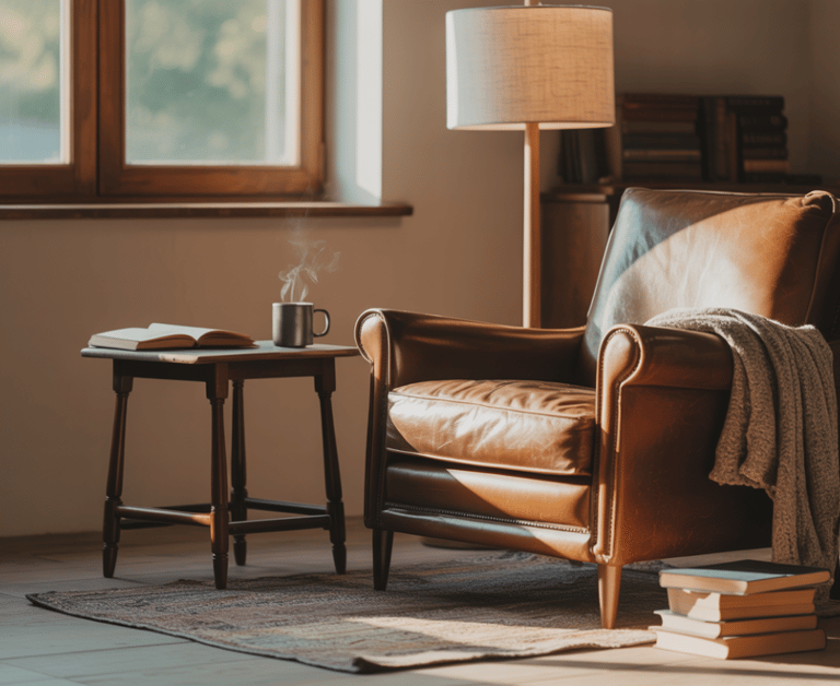 Small reading nook styled with second-hand furniture and minimal accessories, proof that comfort doe