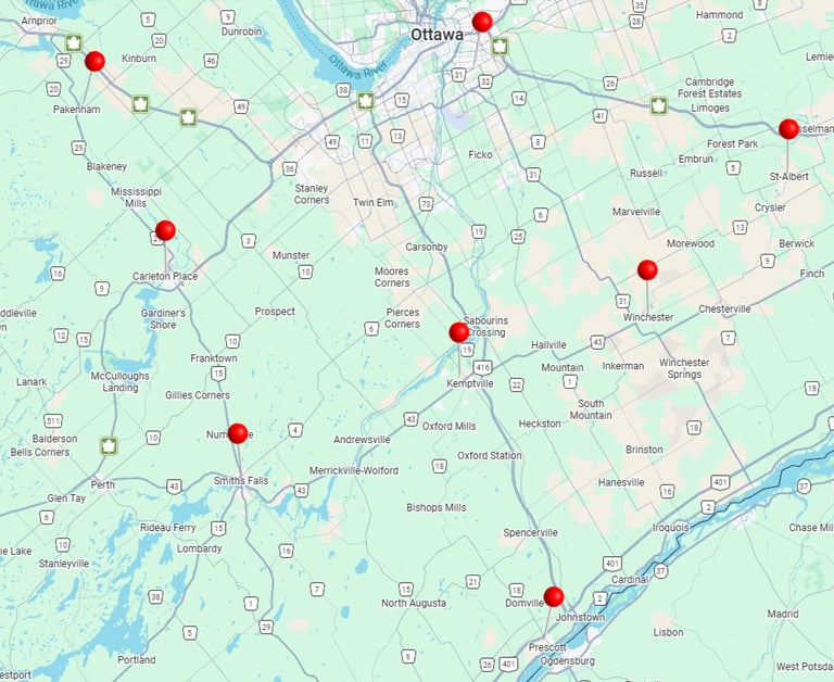 Regional map of Ottawa and surrounding areas featuring red location pins for local services.