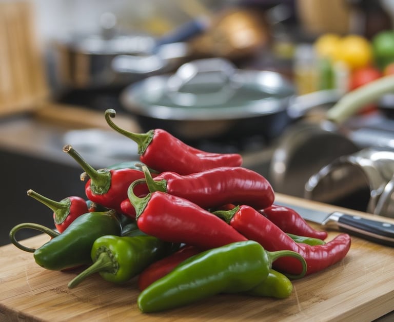 a pile of peppers on a cutting board