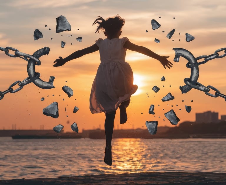 Femme qui brise ses chaines et se libère face à la mer et au soleil couchant