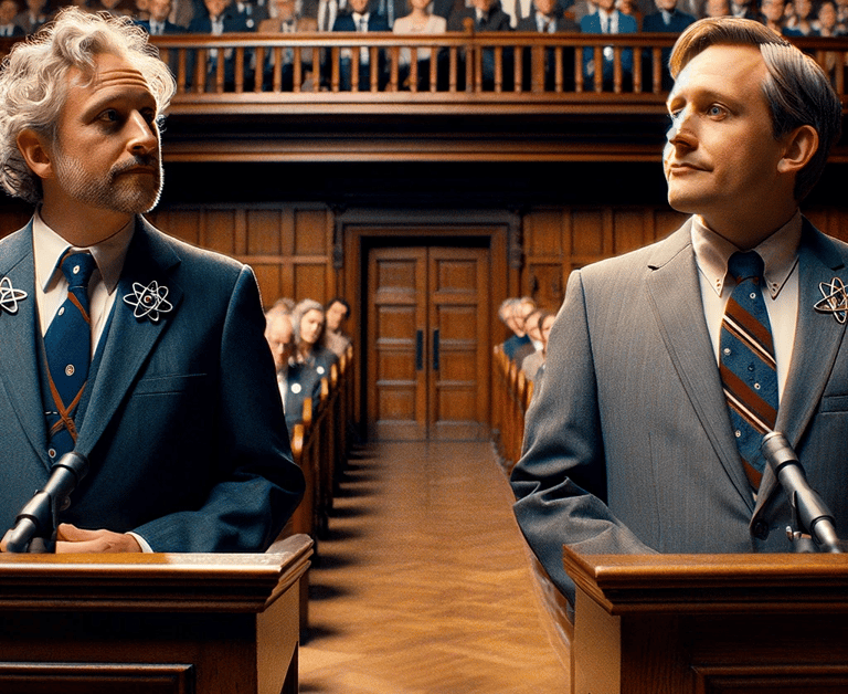 two men in suits and ties standing in front of a courtroom