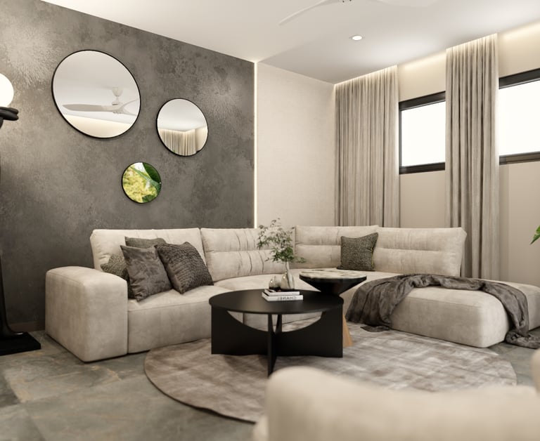 Two-story open living area with glass catwalk in Sarasota modern home.