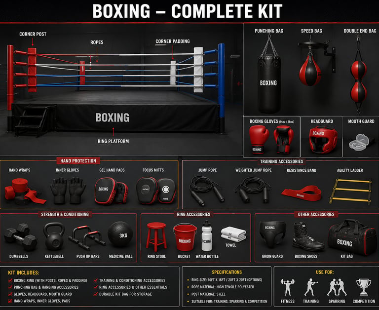A comprehensive infographic displaying a complete boxing kit including a ring, gloves, and training equipment.