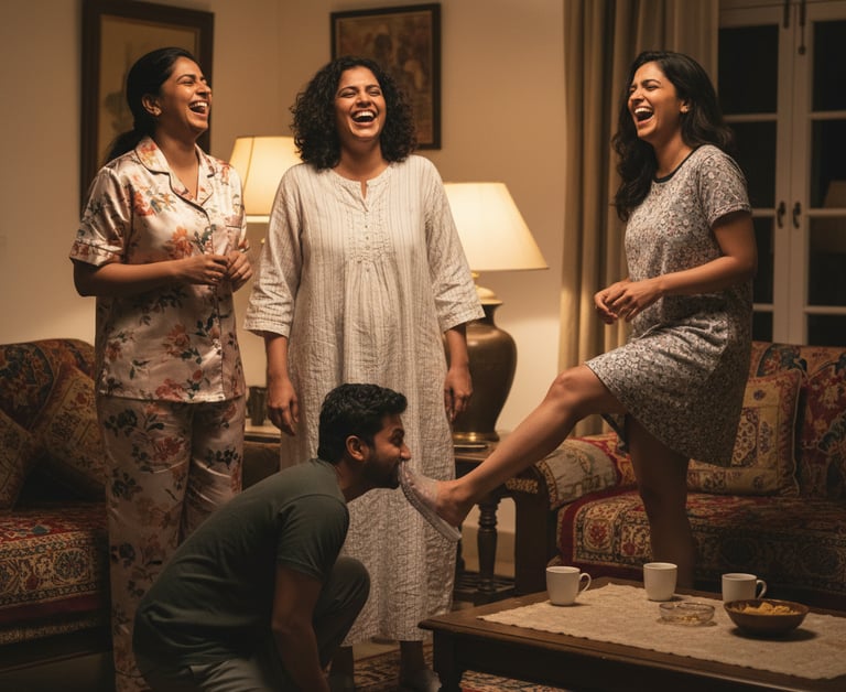 a three girl stand in the hostel room one boy clean their slipper with their nose