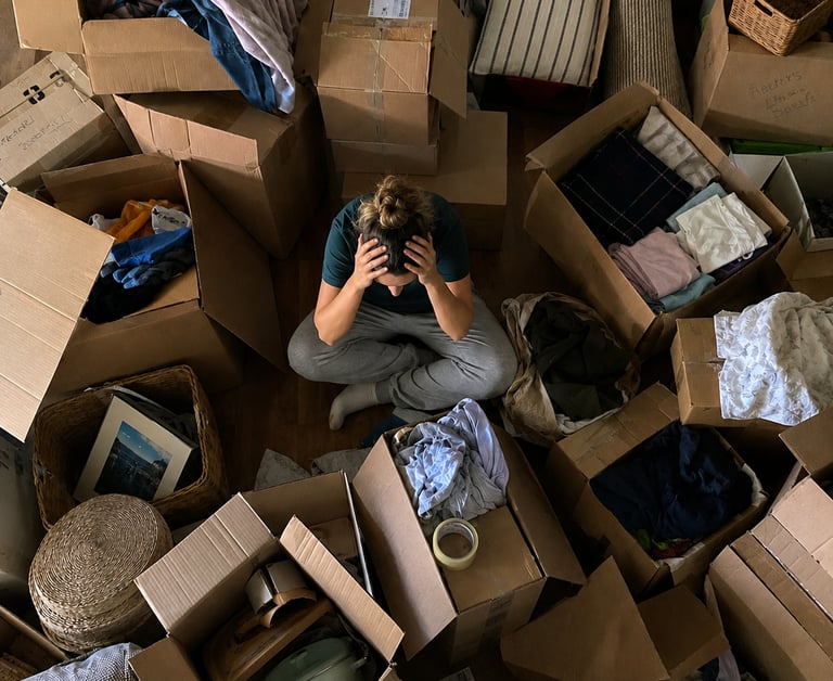 Person buried in collapsed cardboard moving boxes why reusable totes are better