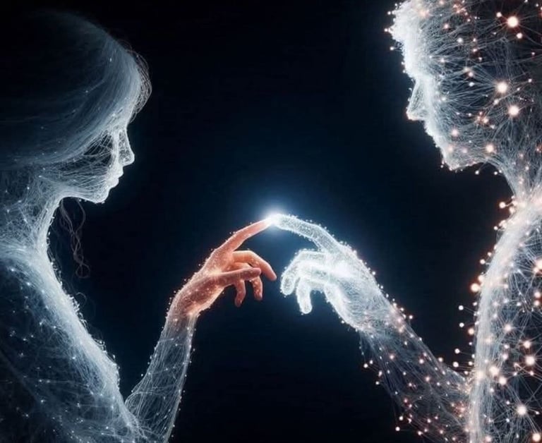 Dos figuras humanas hechas de luz conectando sus dedos en un entorno espiritual, representando la en
