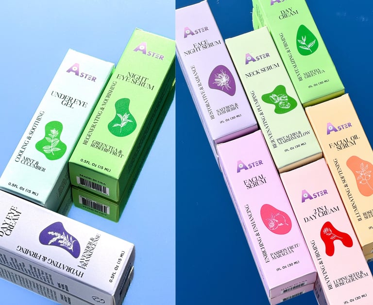 Aster skincare packaging, a variety of different colored boxes of different colors