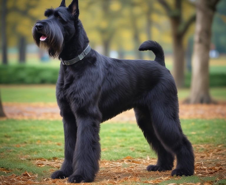 A noble-looking Giant Schnauzer, a large dog breed that doesn't shed much, standing in a park.