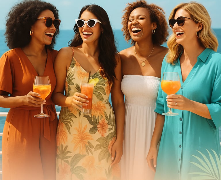 a group of women standing around a beach