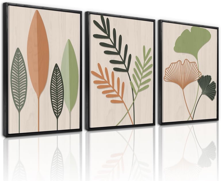 Three-piece botanical wall art set with minimalist leaf designs in green and terracotta tones.
