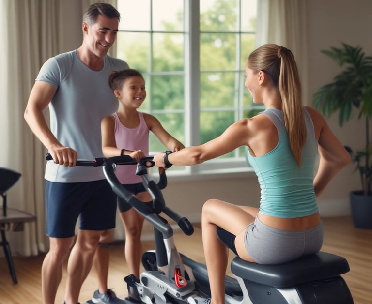 A happy family using a treadmill in their bright, cozy living room.