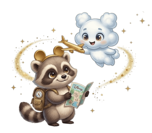 Cute raccoon wearing Mickey Mouse ears reads a Disney map with a happy cloud character and magic gold stars.