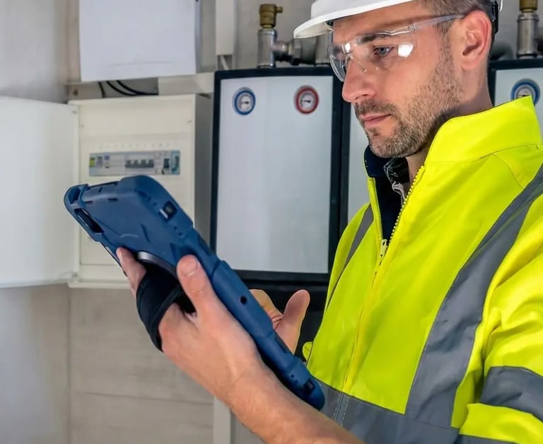 Engineer in safety gear using a digital tablet for an HVAC system inspection and maintenance check.