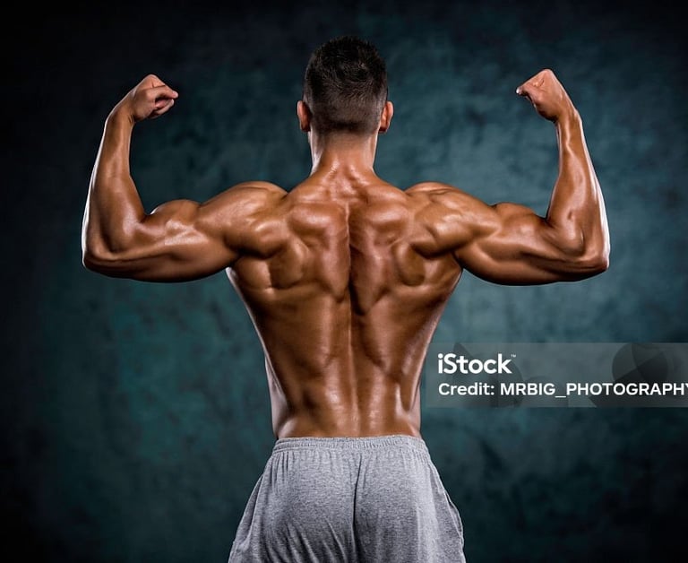 a man with a muscular back and arms up